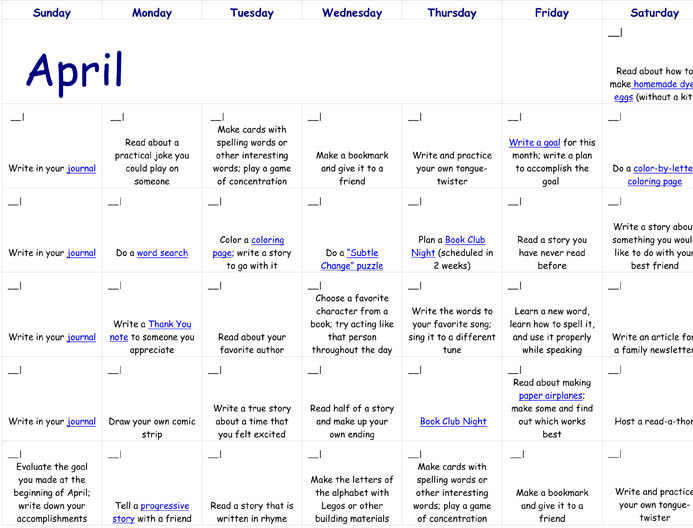 April Reading Calendar