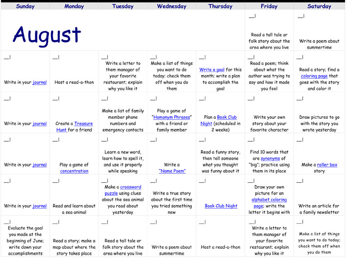 August Reading Calendar