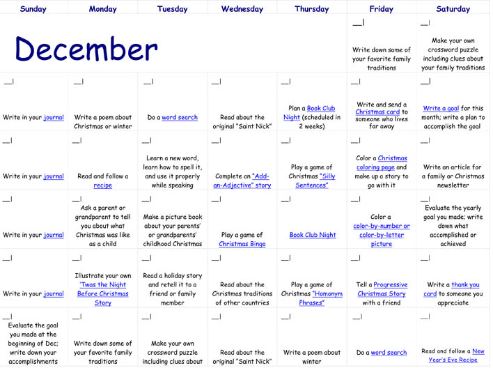 December Reading Calendar