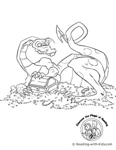 Dragon guarding treasure coloring page