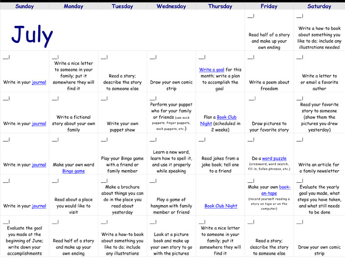 July Reading Calendar