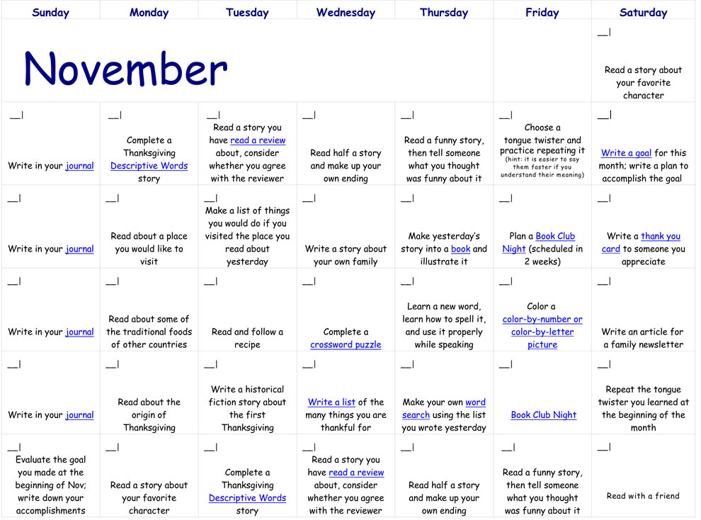 November Reading Calendar