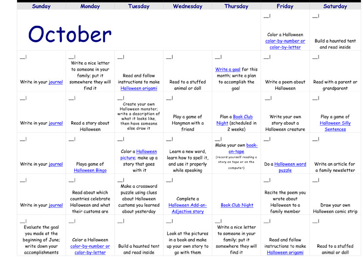 October Reading Calendar
