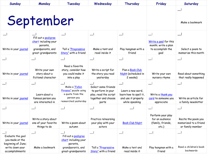 September Reading Calendar